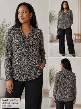 East West Zebra Print Blouse Women's Large Sheer Button Front Long Sleeve Top